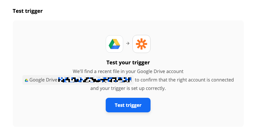 The trigger testing step in the Zap editor with a blue button that reads "Test trigger." 