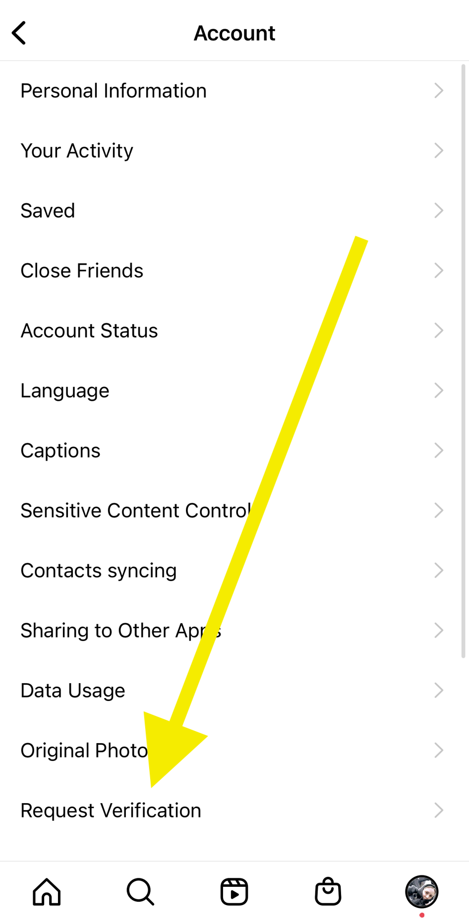 Instagram settings with verification request