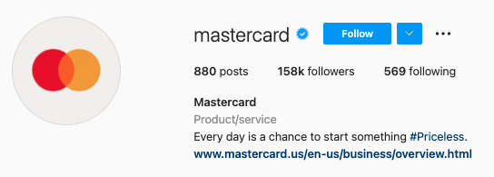 Mastercard's Instagram bio featuring blue checkmark