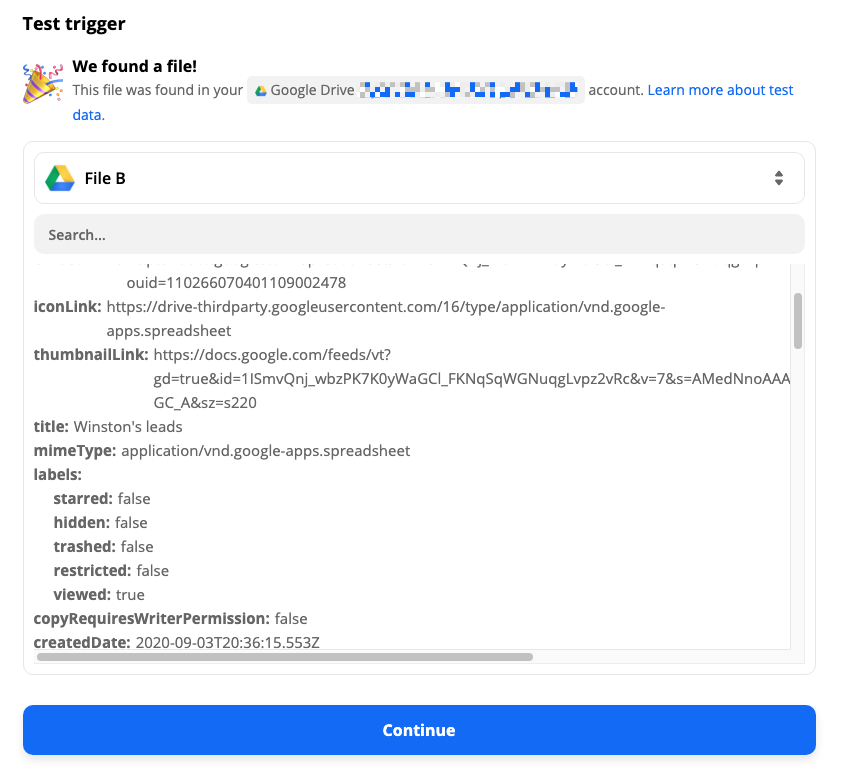 A success message in the Zap editor whenever Zapier finds sample trigger information. In this image, it shows information from Google Drive.