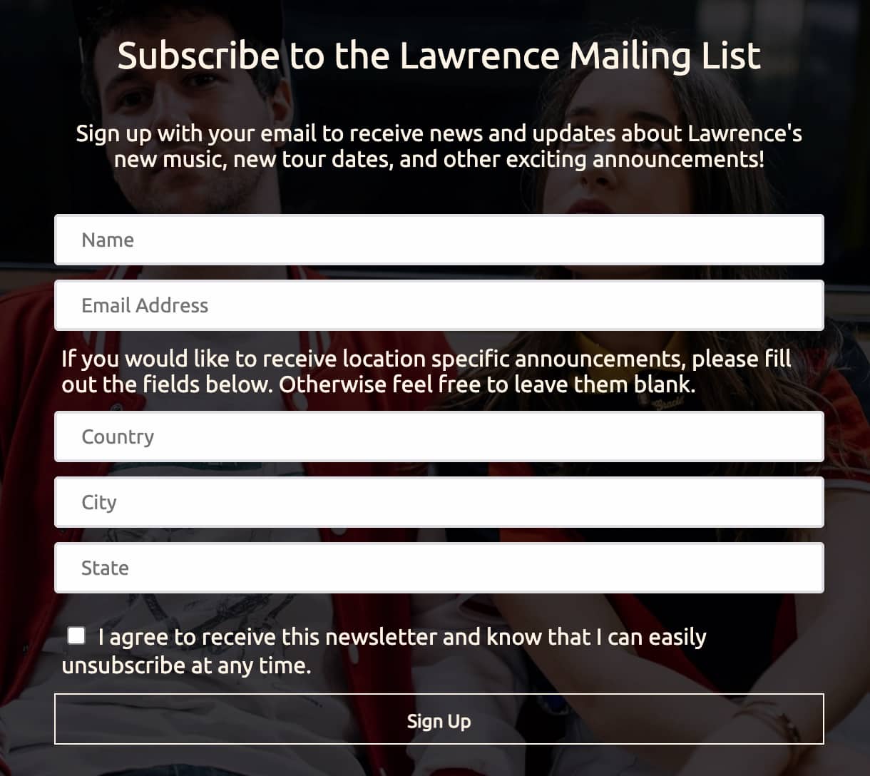 Example of a band's subscription form.