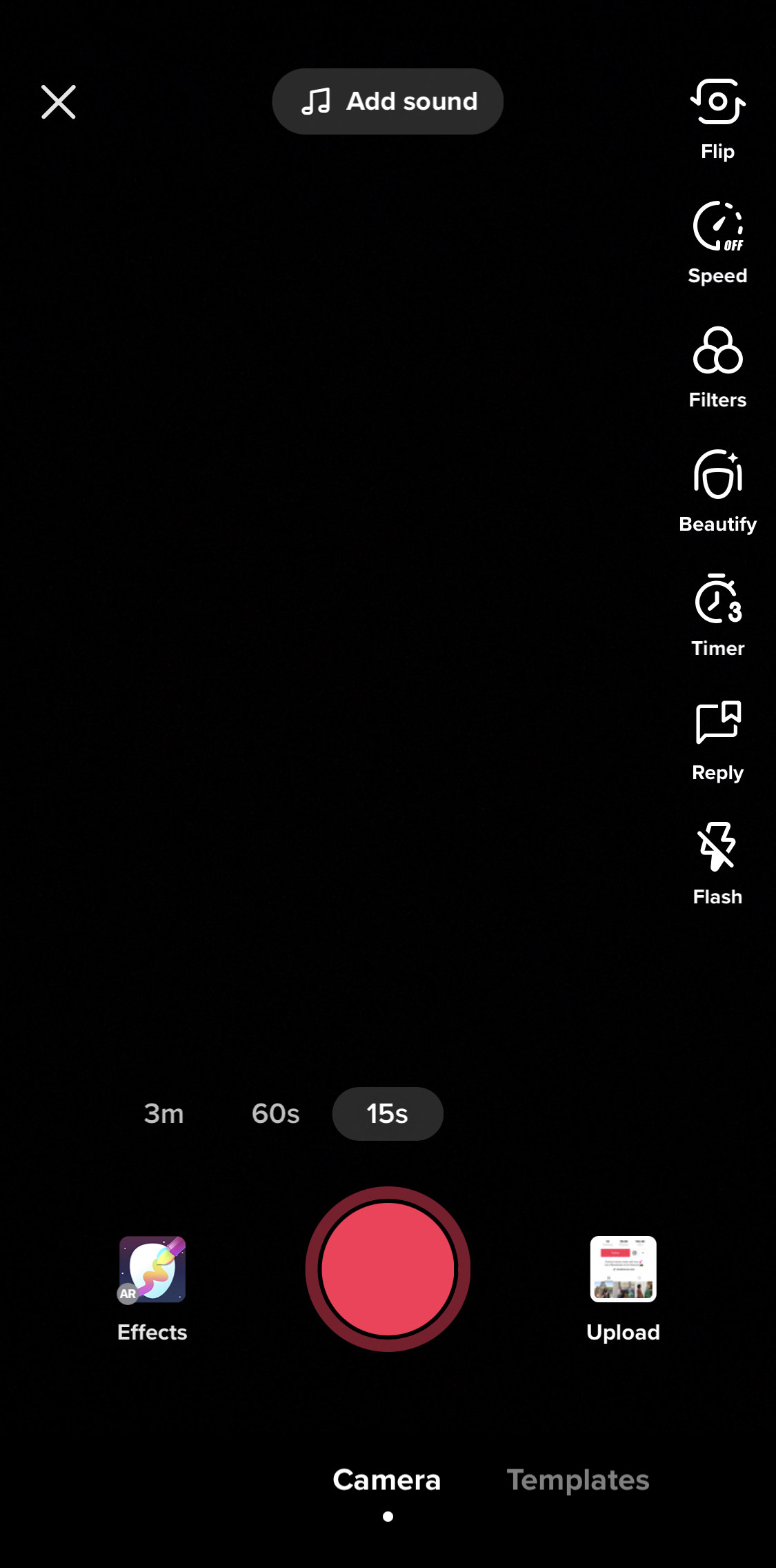 Black screen showing the different features and functionality of the camera in TikTok.
