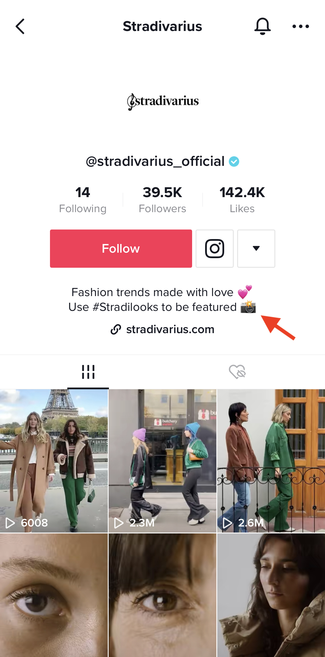 Screenshot of Stradivarius' TikTok profile, where a branded hashtag is encouraged to be used to be featured.
