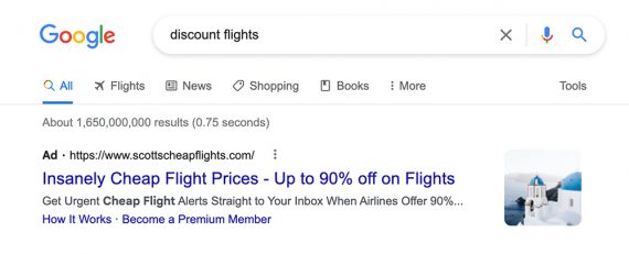 Screenshot of Scott's Cheap Flight ad in Google search results