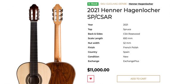 Screenshot of a product page at Guitar Salon for a 2021 Henner Hagenlocher SP/CSAR