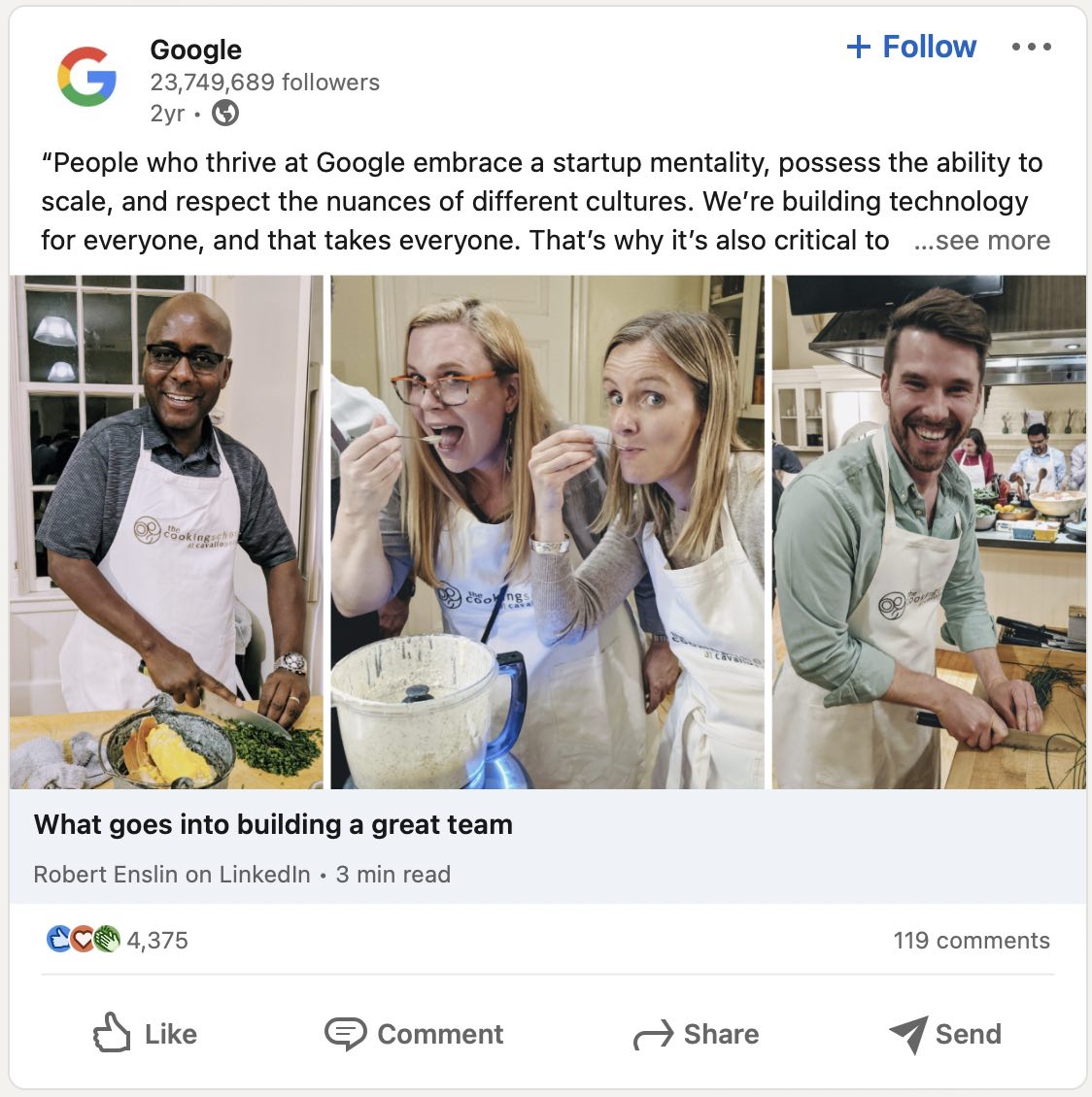 Screenshot of a post on Google's LinkedIn page showing employees cooking