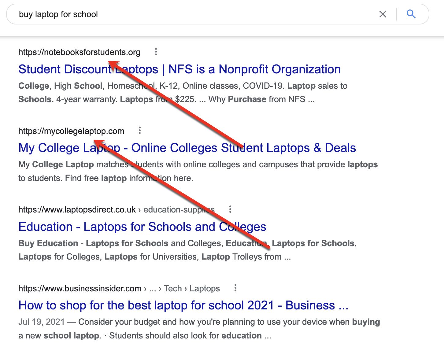 Screenshot of Google search results for "buy laptop for school"