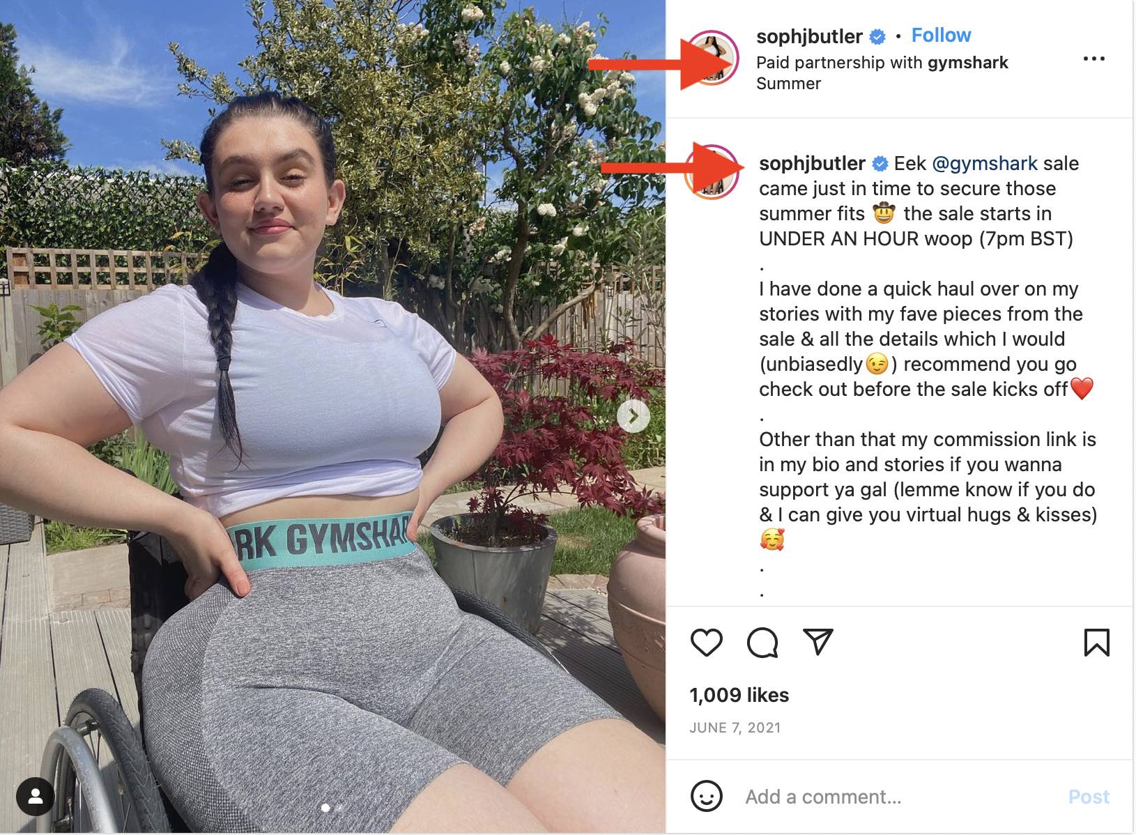 Screenshot of an Instagram post from a young female in a wheelchair promoting Gymshark
