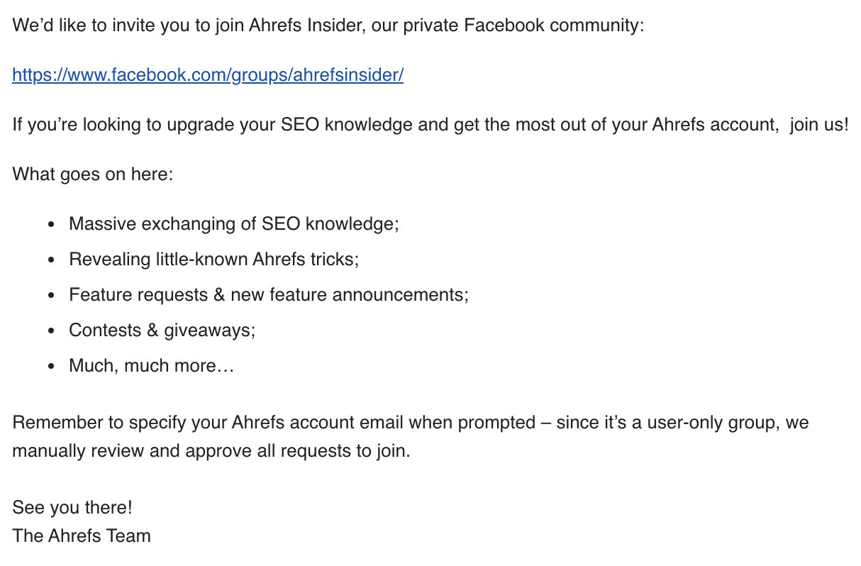 Excerpt of Ahrefs' email containing invitation to join its FB page 