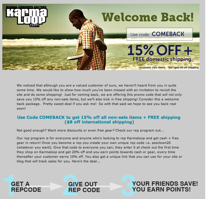 KarmaLoop's email offering "Welcome Back" discount to customers 