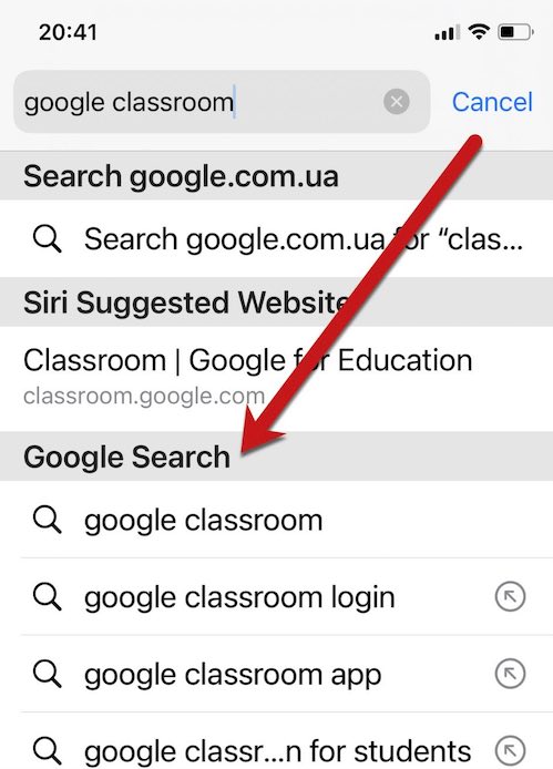 Screenshot of "google classroom" search on a mobile brower's address bar