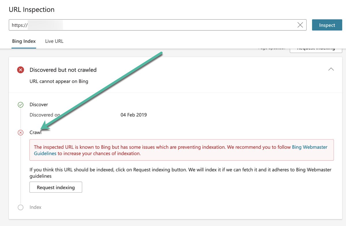 Screenshot of Bing's Webmaster Tools URL inspection report