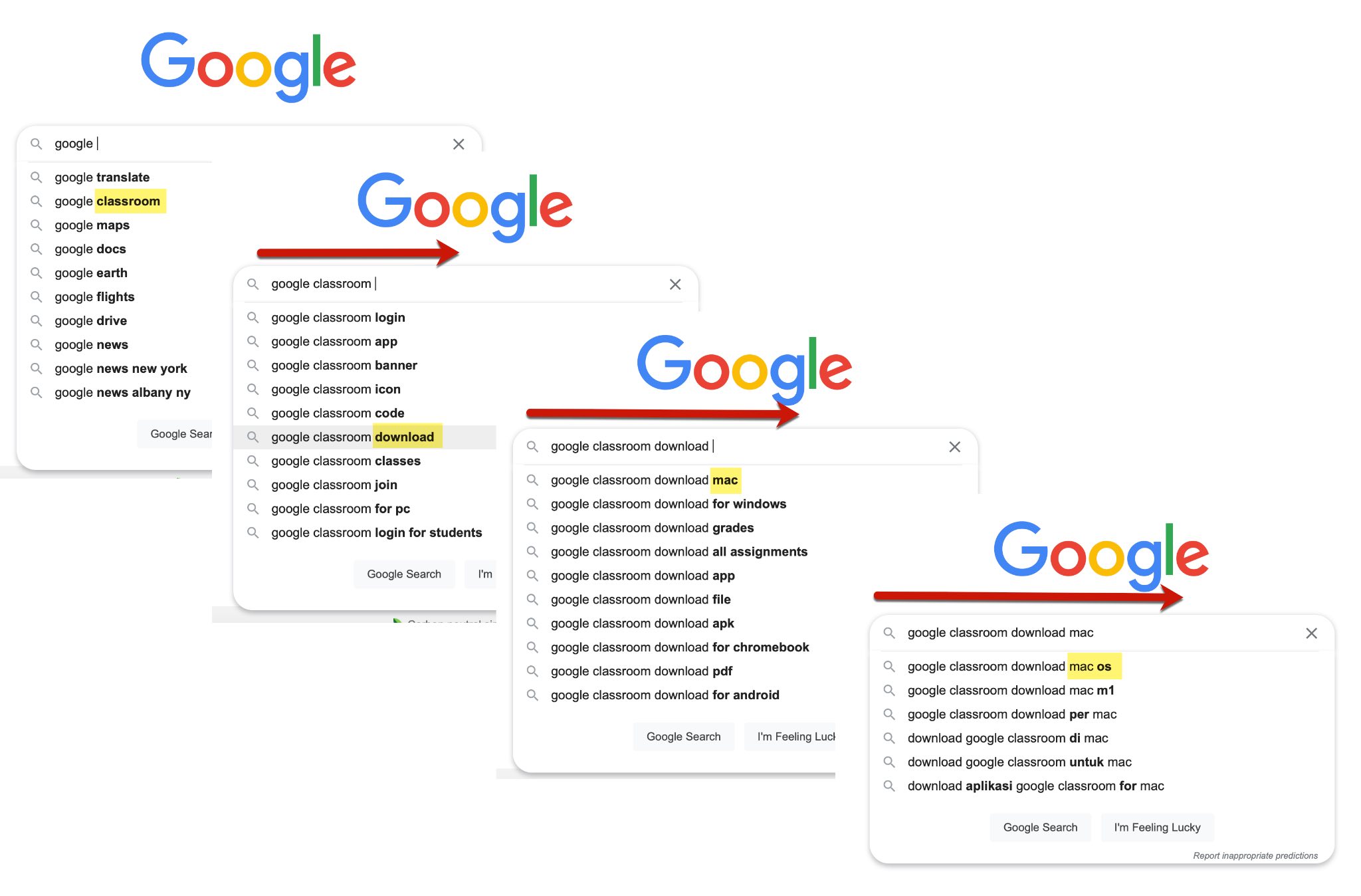 4 combined screenshots showing the progression of autocomplete 