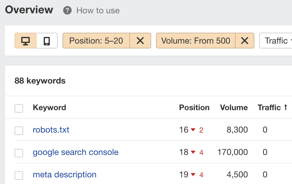Filtering for low-hanging keywords in Ahrefs' Rank Tracker