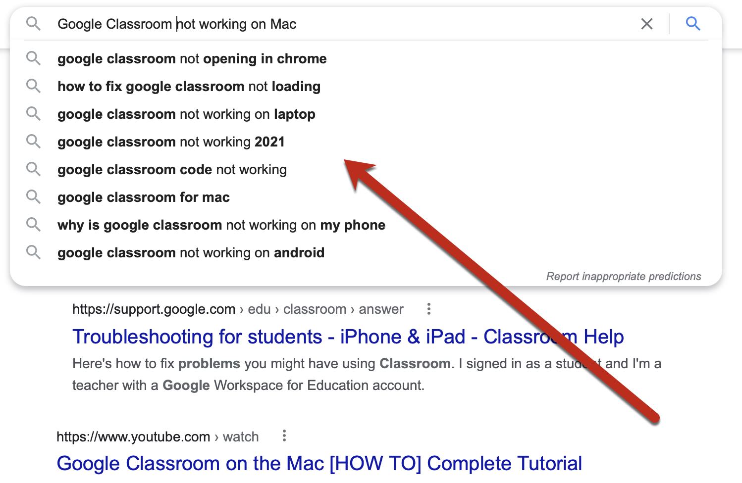 Screenshot showing a refinements for "Google Classroom not working on Mac"