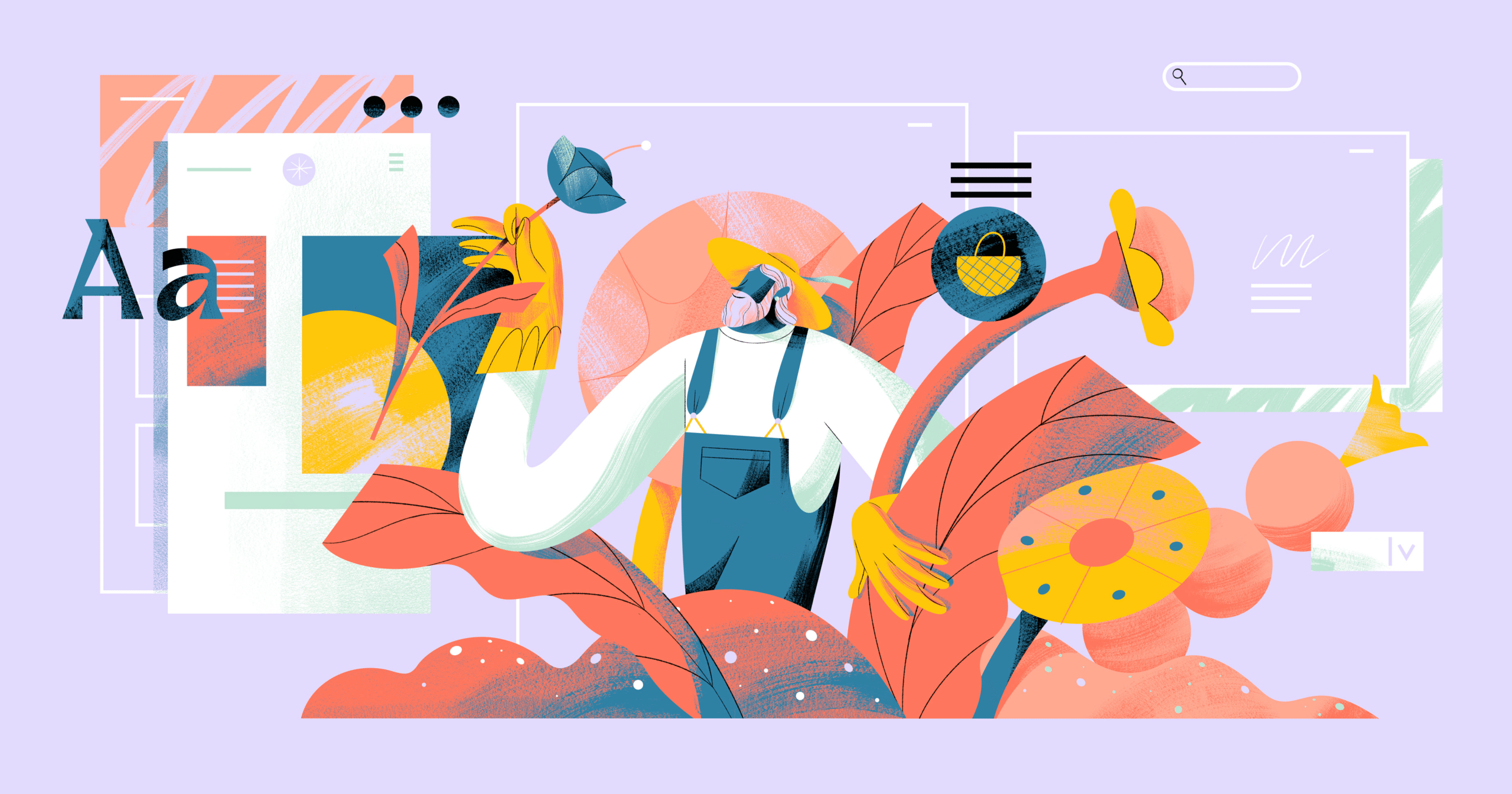 Illustration of a business owner picking a website theme, made to look like picking flowers