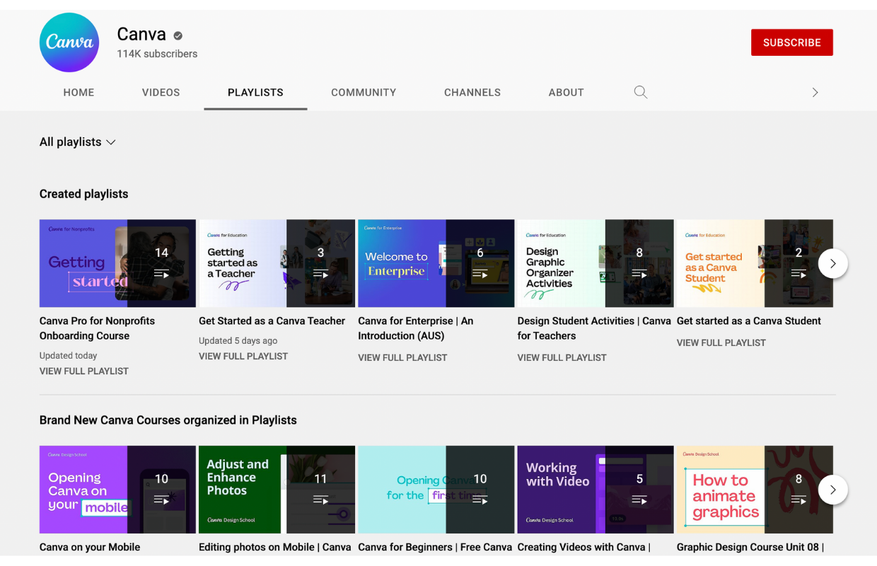 This is an image showing how Canva's YouTube channel looks like.