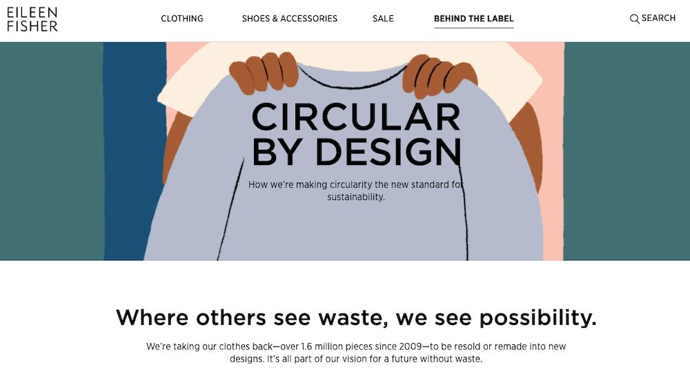 Screenshot of Eileen Fisher's web page reading "Circular by Design."