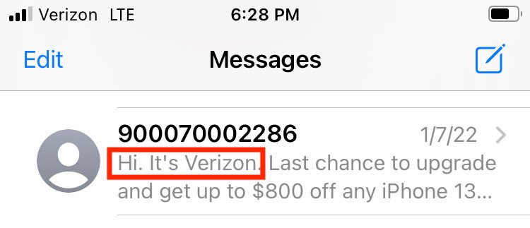 Screenshot of a text message from Verizon with first sentence reading, "Hi. It's Verizon."