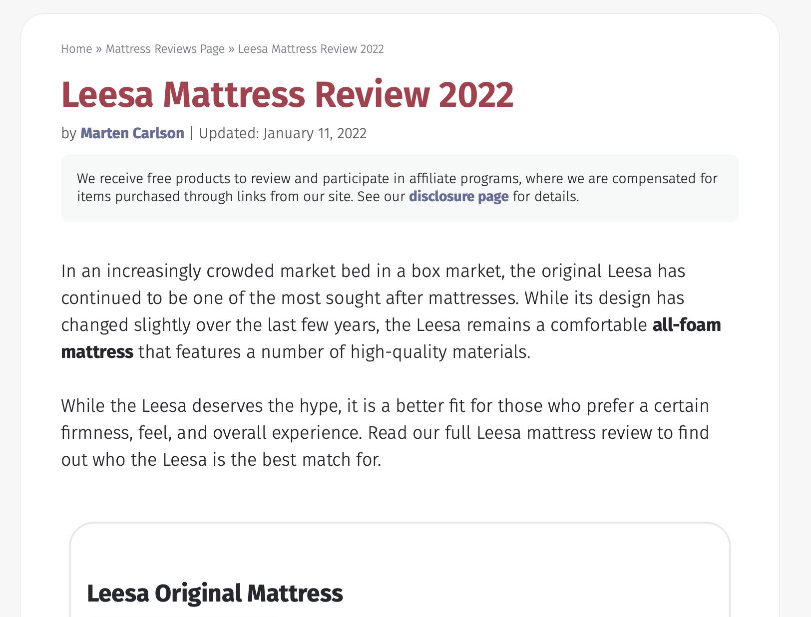 Screenshot of Leesa Mattress review on Mattress Clarity