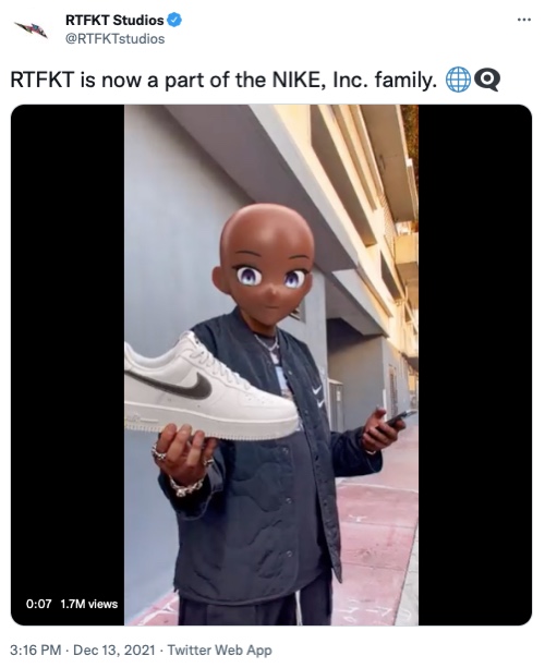 Screenshot of a tweet by Nike announcing RTFKT Studios acquisition