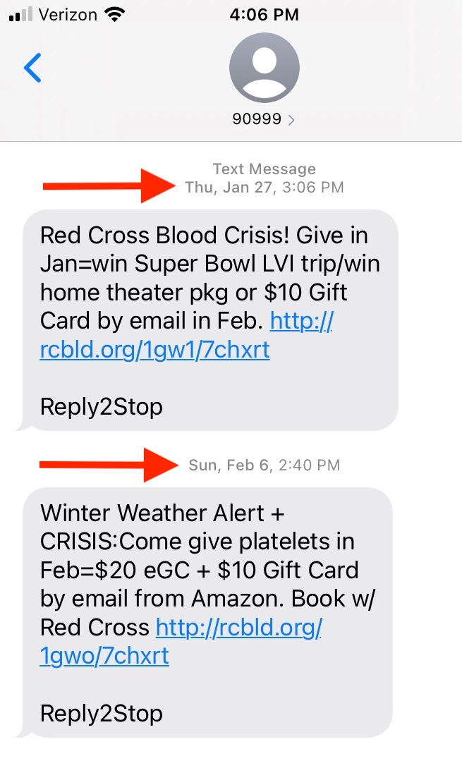 Screenshot of two text messages from Red Cross showing dates about 10 days apart