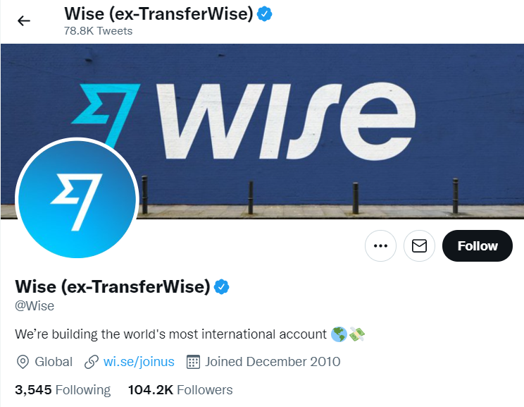 Wise's Twitter handle references its prior identity as Transferwise in its rebrand materials.