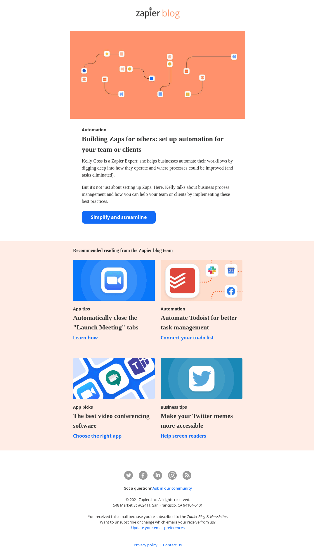 Zapier's email template promotes their blog posts to subscribers.
