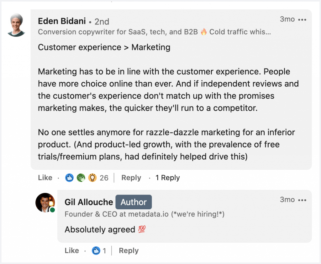 linkedin comment - eden bidani customer experience