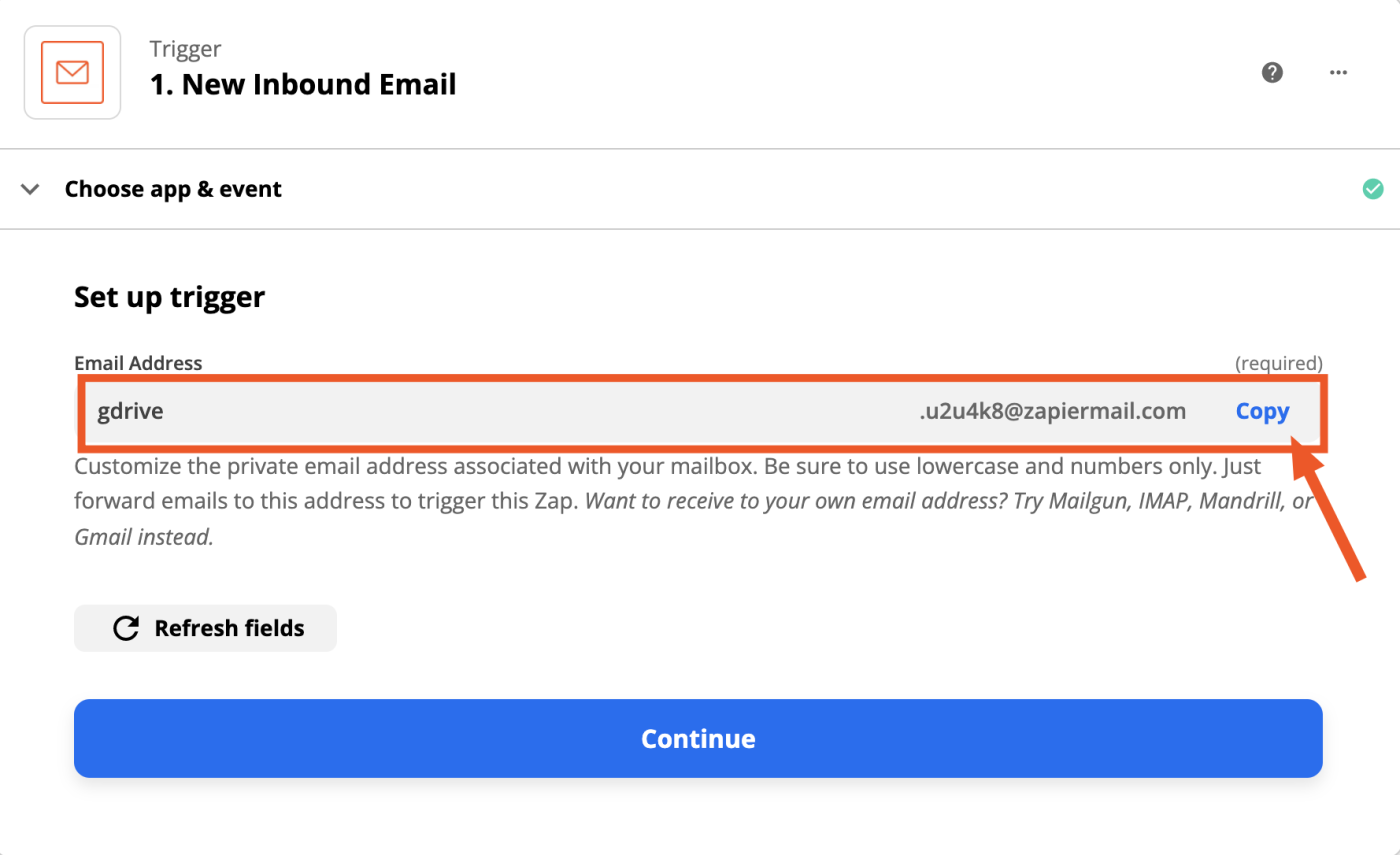 An orange box around the Email Address field, which contains the words gdrive