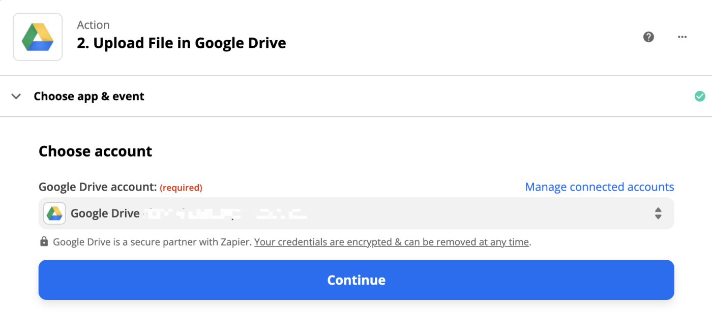 A dropdown menu with a Google Drive account selected under the Choose account menu