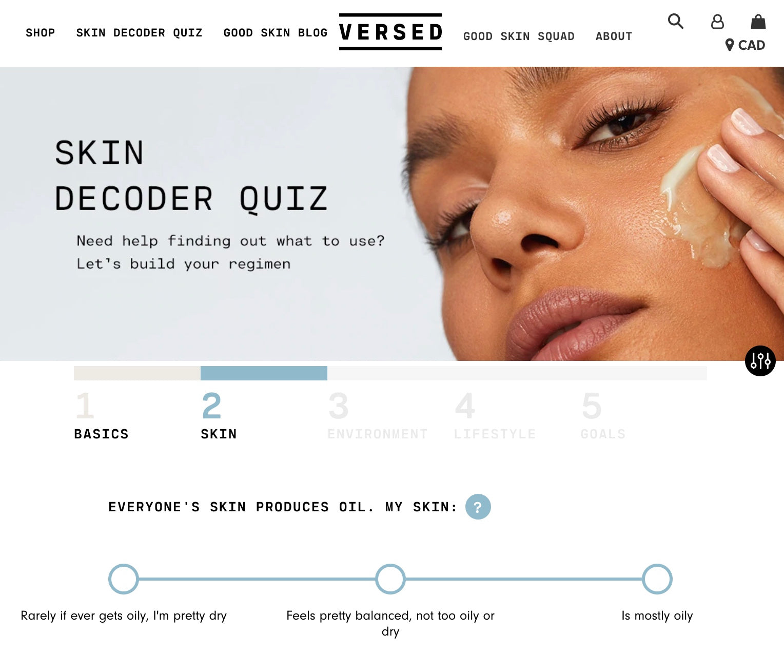 Screengrab of a page on skin care brand Versed's website demoing a customer quiz app