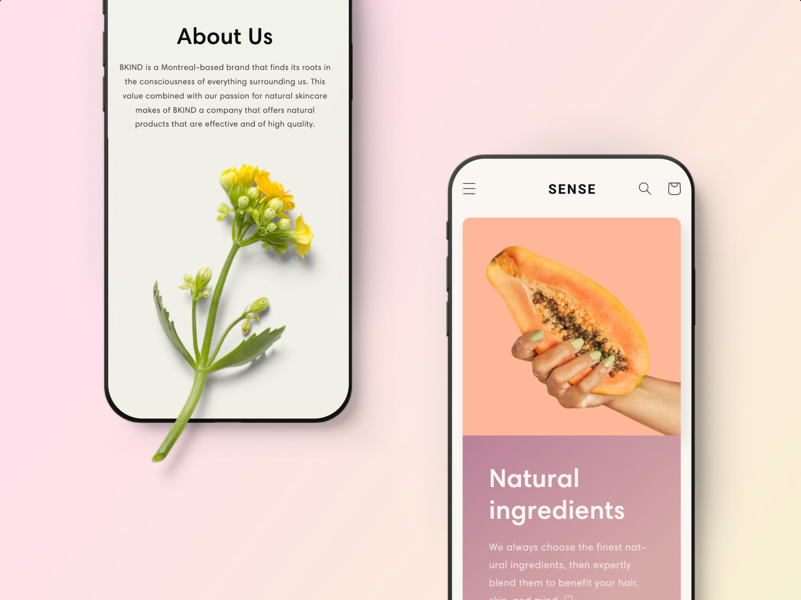 Preview of Shopify Sense website theme on two mobile phones