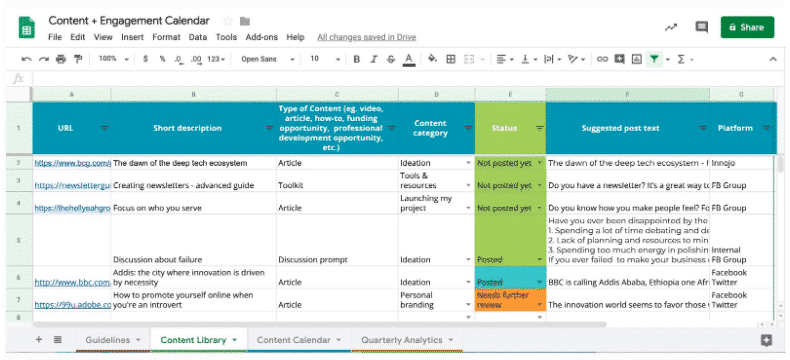 Content and Engagement calendar in Google Sheets