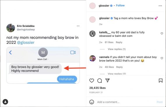 Screenshot of Glossier's Instagram page showing a product recommendation