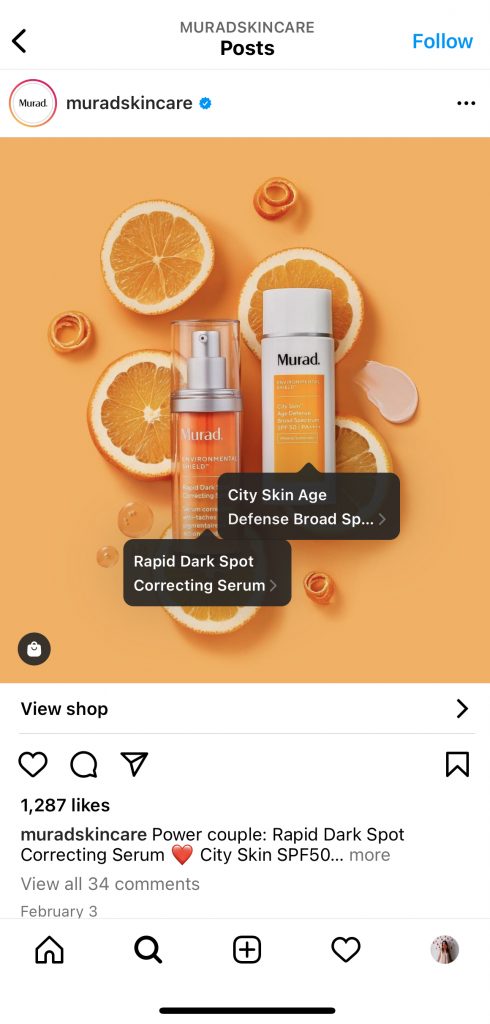 Screenshot of a Murad shoppable post with two product tags