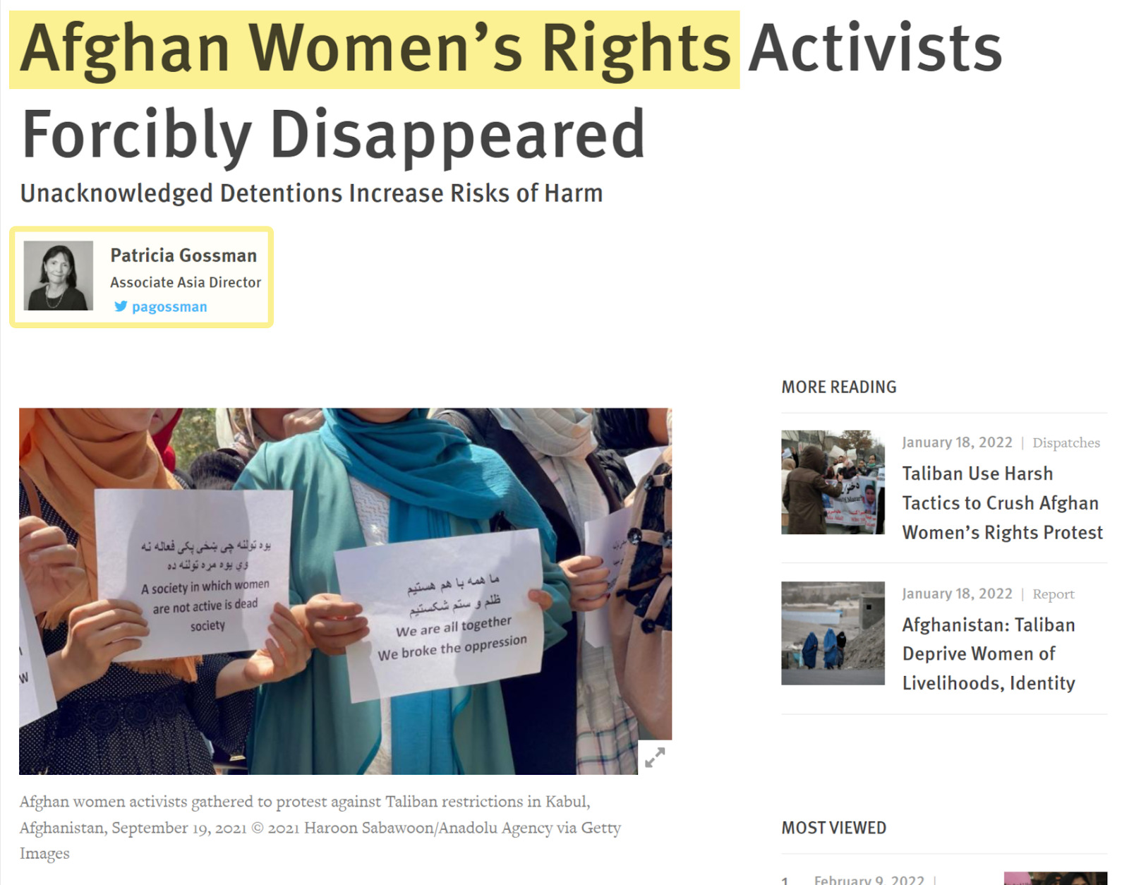 Excerpt of Human Rights Watch article on women's rights in Afghanistan; picture of women holding protest signs about oppression 