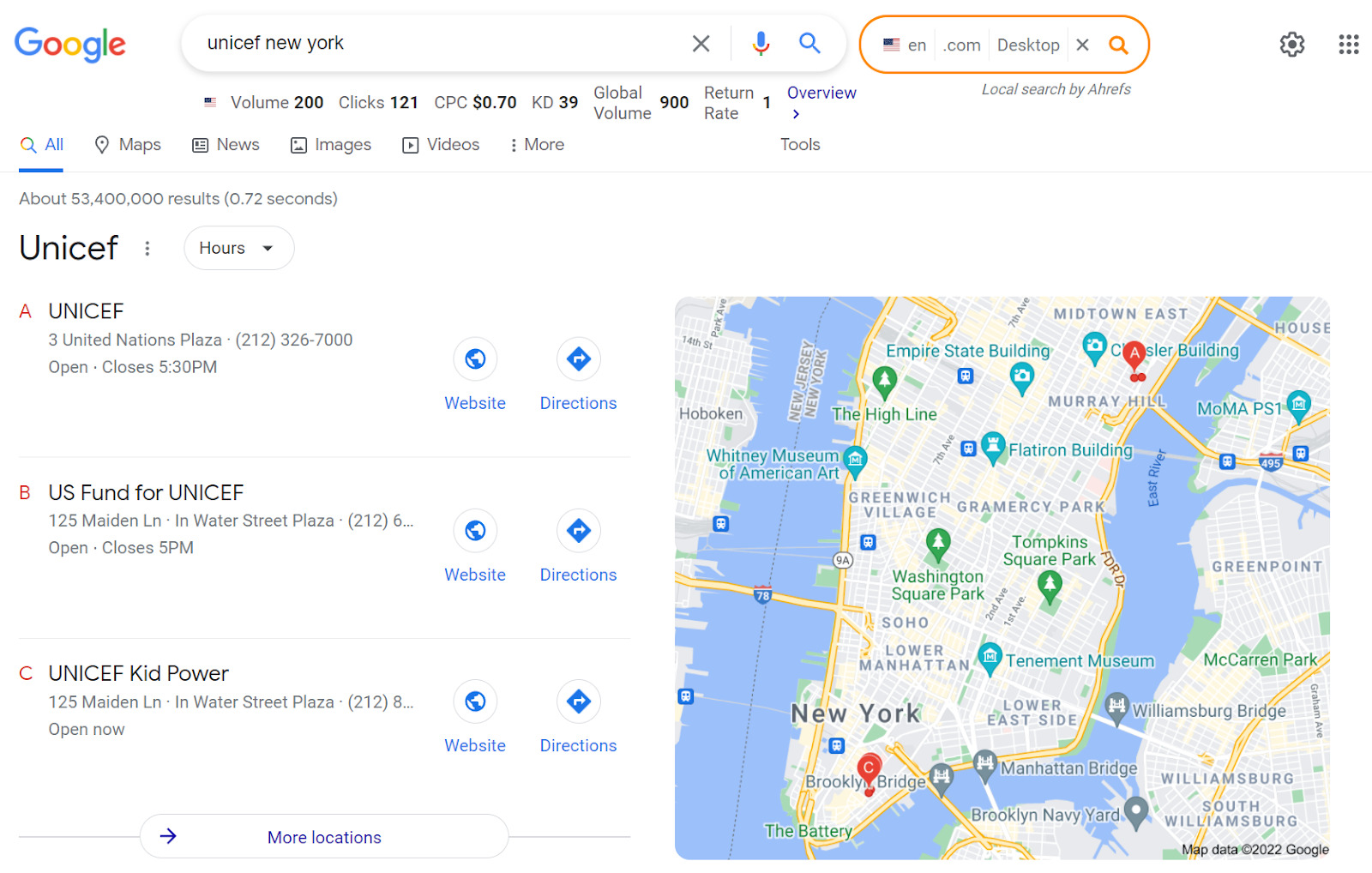 Google map pack for keyword "unicef new york" 