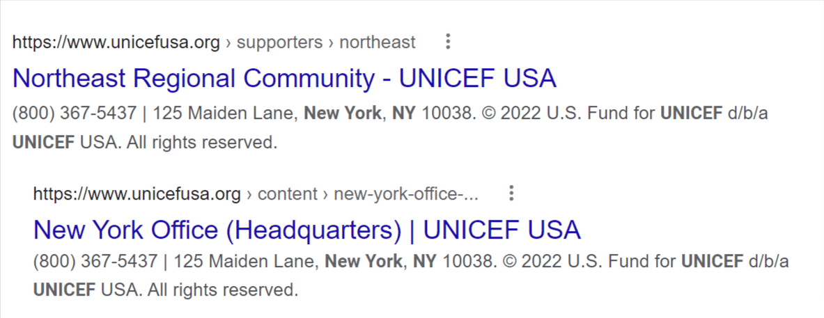 Excerpt of Google SERP showing UNICEF branches 