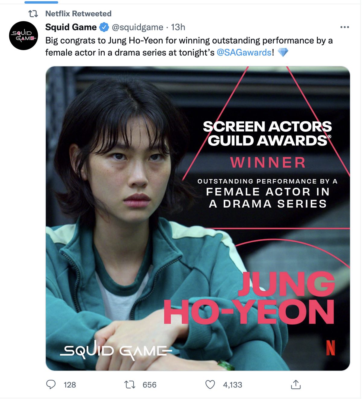 Tweet from Netflix congratulating actor Jung Ho-Yeon.