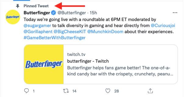 Butterfinger pinned a tweet announcing a live roundtable discussion.