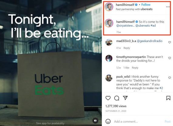 Screenshot of Uber's Instagram page showing Mark Hamill's endorsement