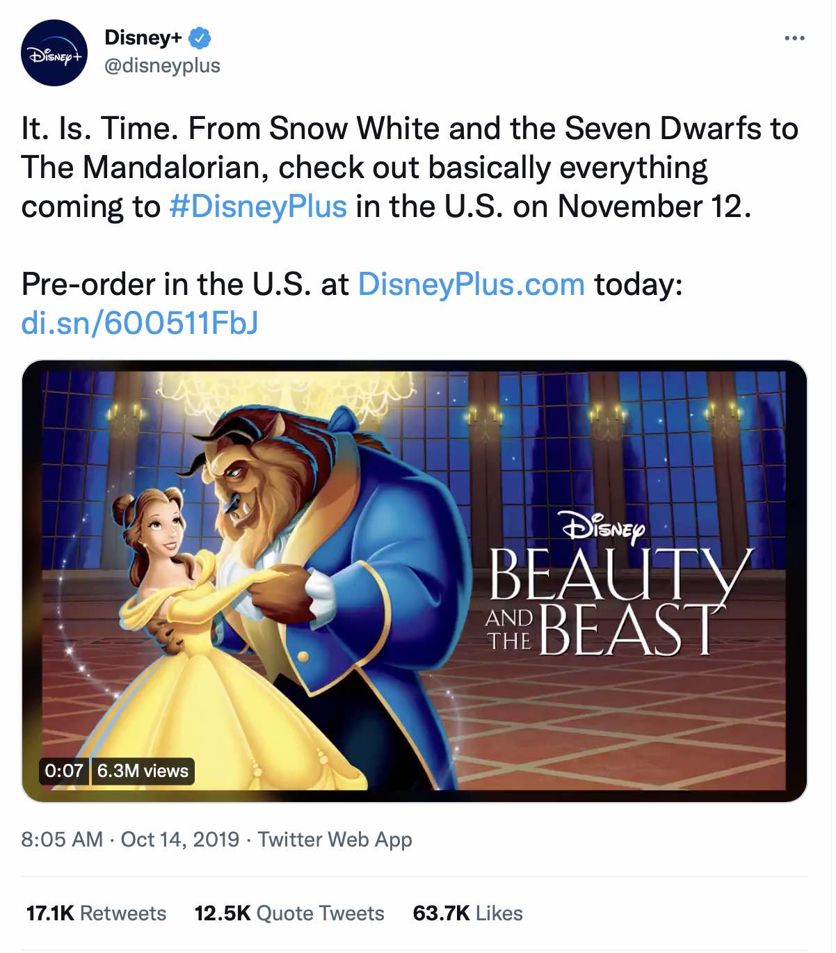 This tweet from Disney+ explains benefits of subscribing: "From Snow White and the Seven Dwards to The Mandalorian."
