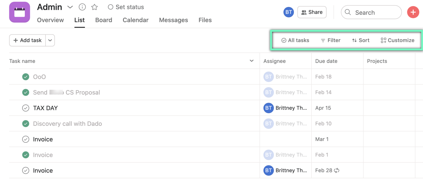 Filter the list view in Asana