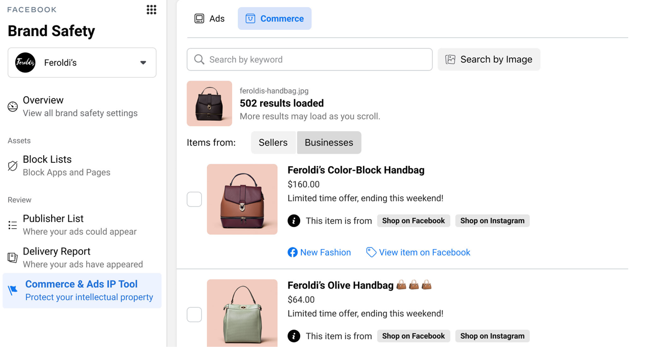 Brand safety controls on Facebook for Commerce and Ads IP tool 
