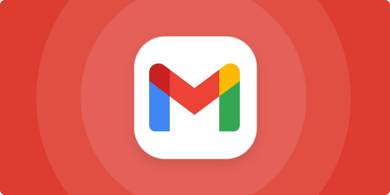 A hero image for Gmail app tips with the Gmail logo on a red background