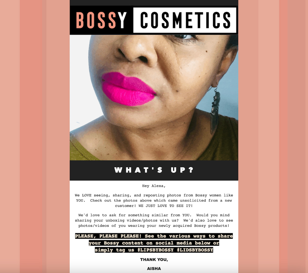 An email from Bossy Cosmetics that asks for user generated content