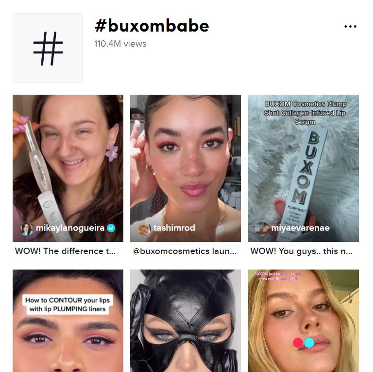 TikTok hashtag search results for #buxombabe with 6 video thumbnails