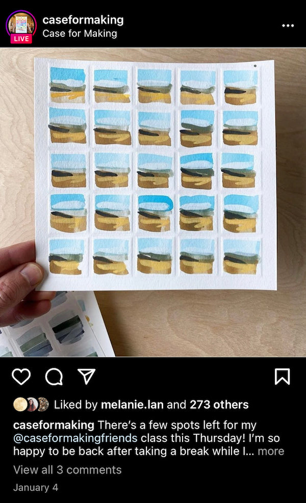 A person holds up a watercolor against a taupe background in this Instagram post