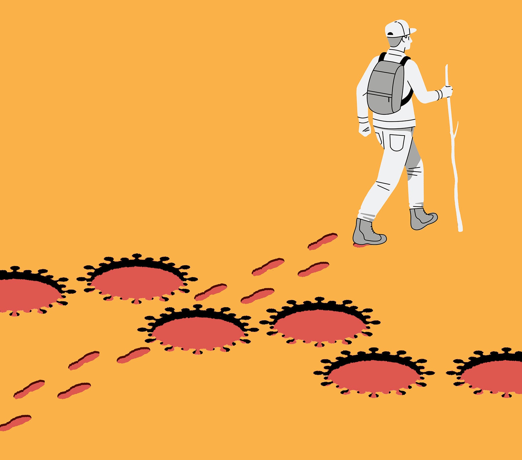 Illustration of a person hiking across a field of covid-19 shaped craters